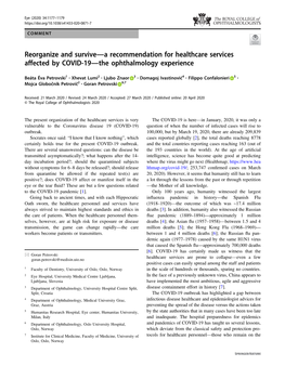A Recommendation for Healthcare Services Affected by COVID-19—The Ophthalmology Experience