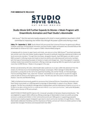 Studio Movie Grill Further Expands Its Movies + Meals Program with Dreamworks Animation and Pearl Studio’S Abominable