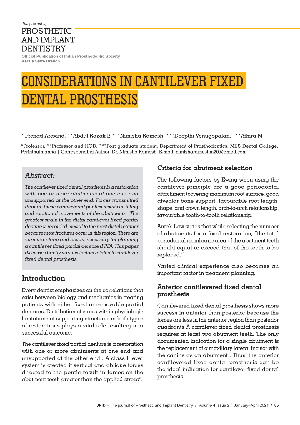 Considerations in Cantilever Fixed Dental Prosthesis