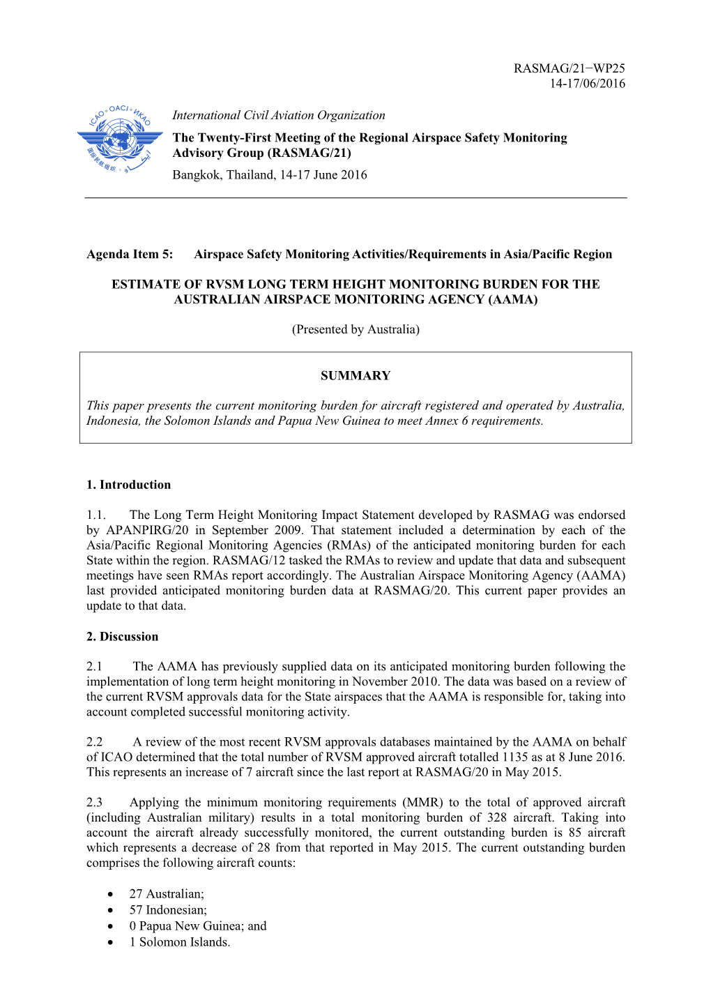 RASMAG/21−WP25 14-17/06/2016 International Civil Aviation Organization the Twenty-First Meeting of the Regional Airspace Safet