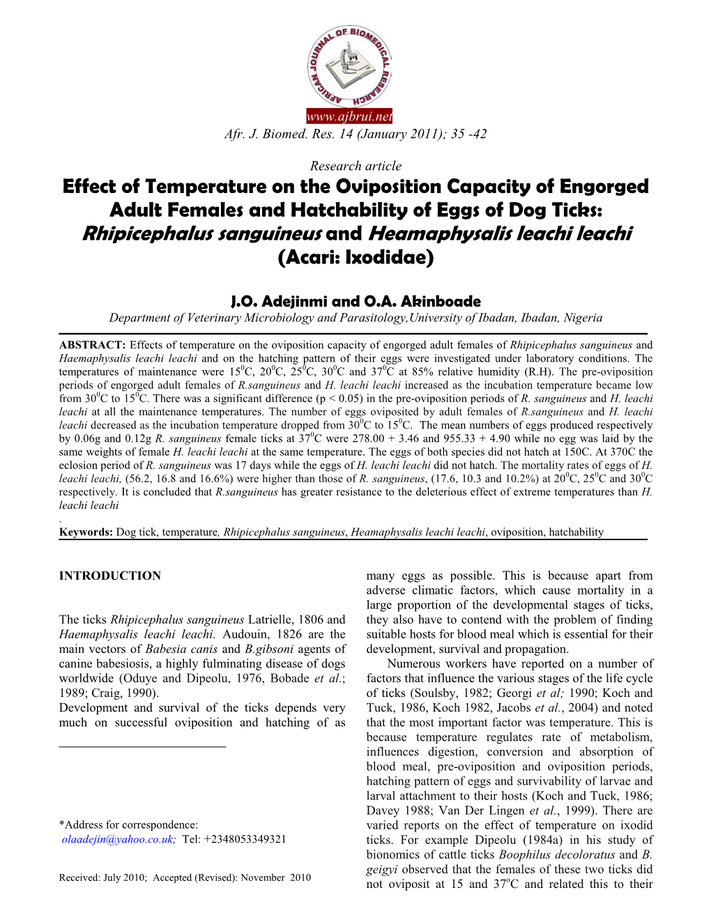 Effect of Temperature on the Oviposition Capacity of Engorged