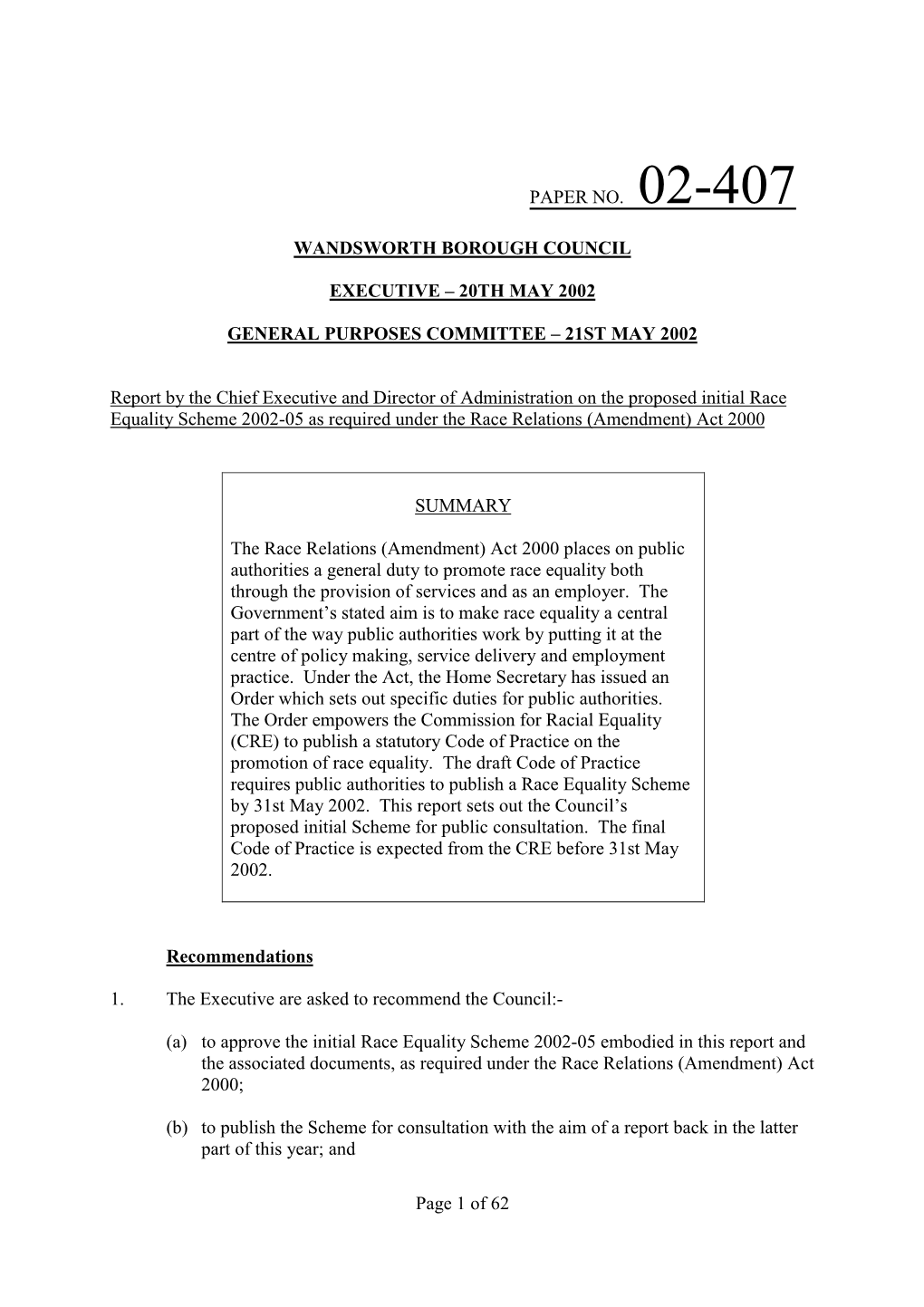 Page 1 of 62 PAPER NO. 02-407 WANDSWORTH BOROUGH