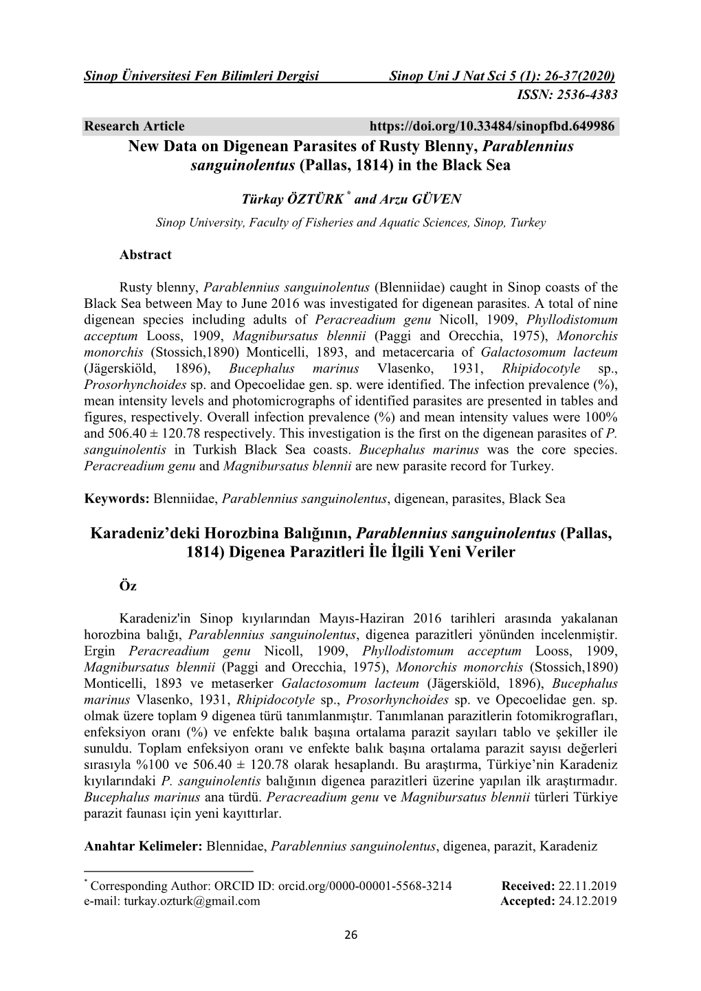 New Data on Digenean Parasites of Rusty Blenny, Parablennius Sanguinolentus (Pallas, 1814) in the Black Sea