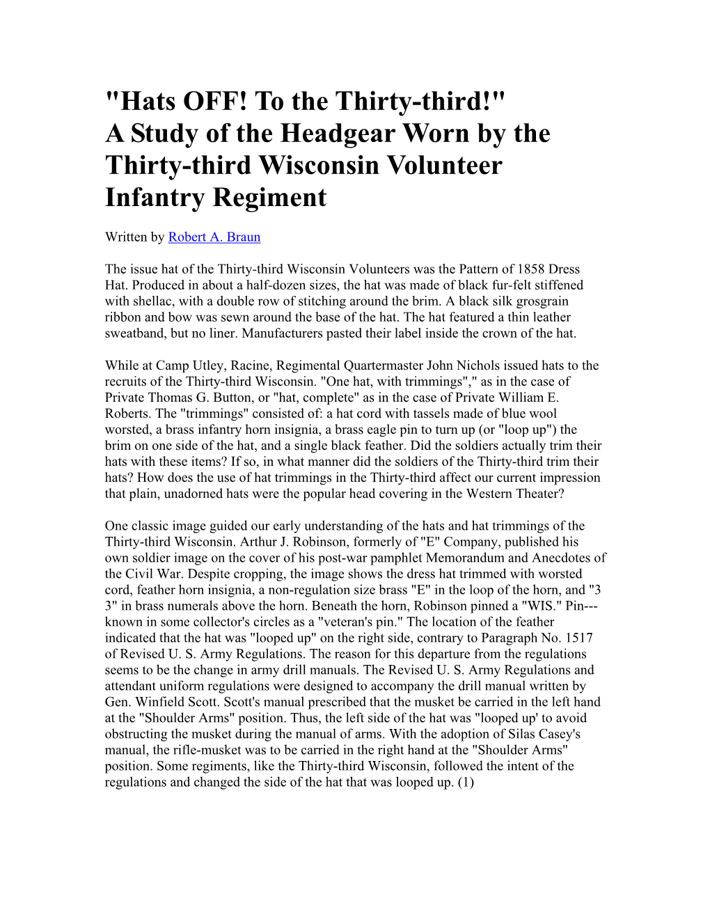 "Hats OFF! to the Thirty-Third!" a Study of the Headgear Worn by the Thirty-Third Wisconsin Volunteer Infantry Regiment