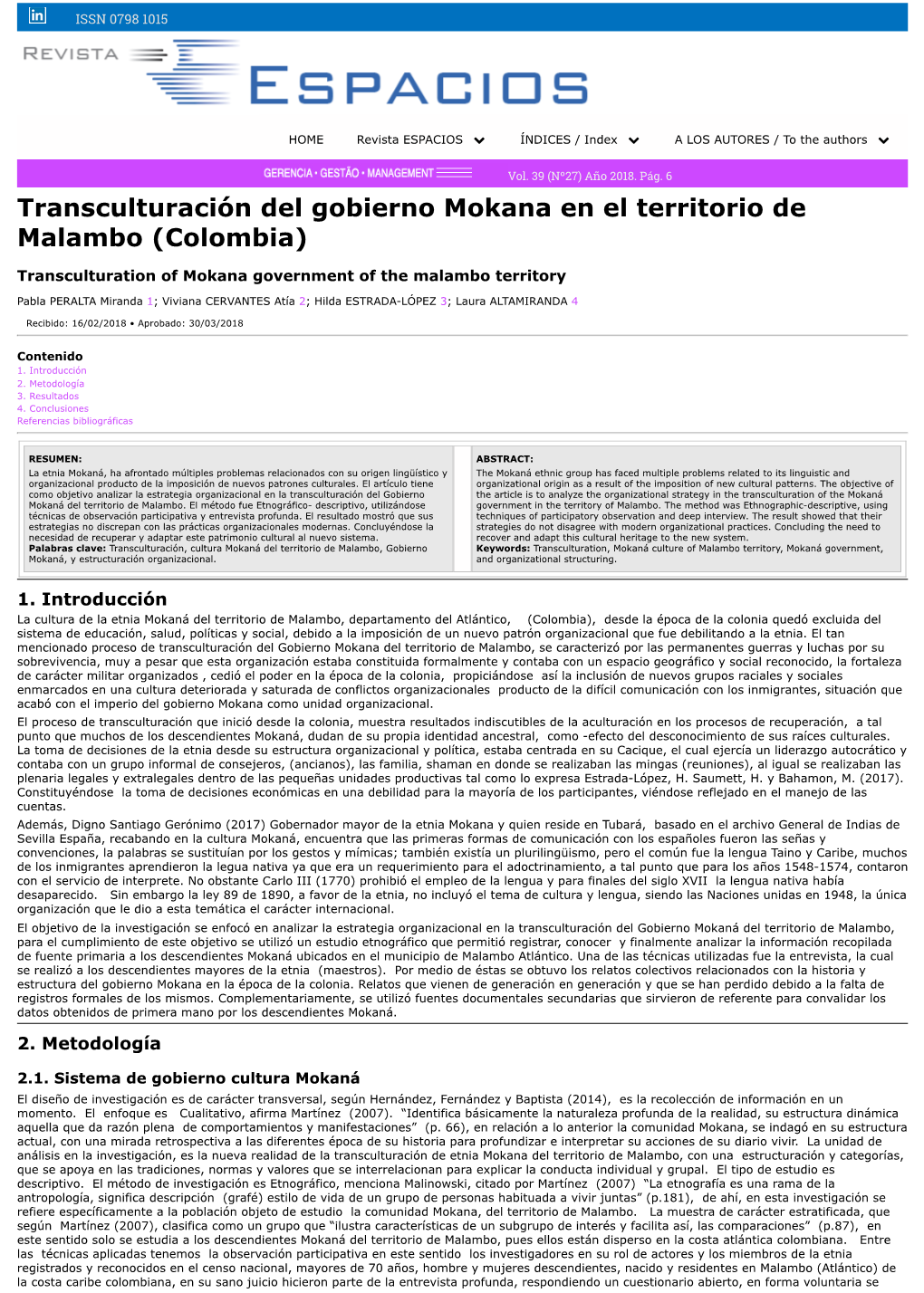 Transculturación Del Gobierno Mokana En El Territorio De Malambo (Colombia)