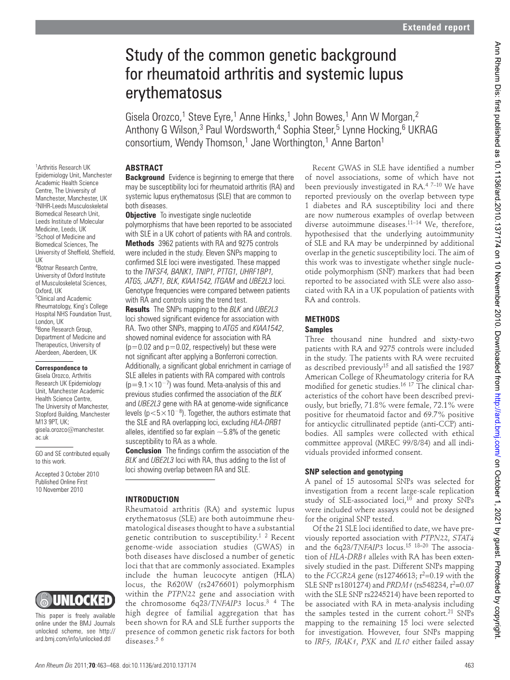 Study of the Common Genetic Background for Rheumatoid Arthritis