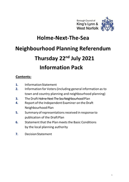 Holme-Next-The-Sea Neighbourhood Planning Referendum Thursday 22Nd July 2021 Information Pack
