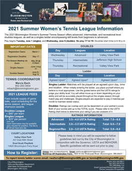 Summer Women's Tennis League Information