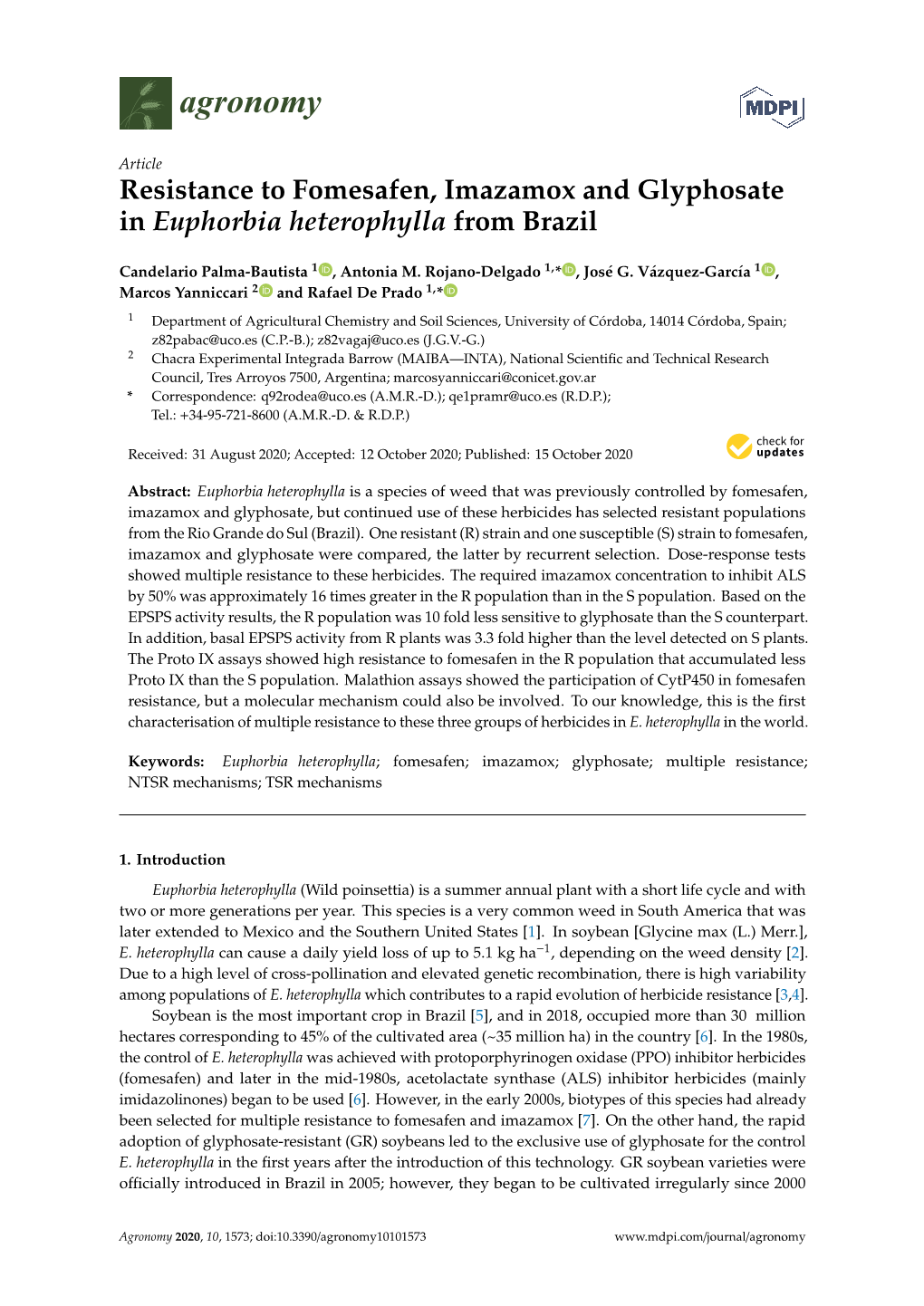 Resistance to Fomesafen, Imazamox and Glyphosate in Euphorbia Heterophylla from Brazil