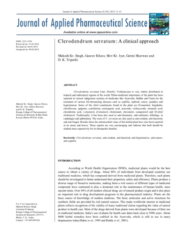 Clerodendrum Serratum : a Clinical Approach Received On: 31-01-2012 Revised On: 06-01-2012 Accepted On: 09-02-2012