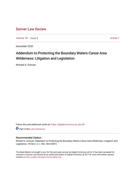 Addendum to Protecting the Boundary Waters Canoe Area Wilderness: Litigation and Legislation