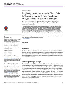 Prolyl Oligopeptidase from the Blood Fluke Schistosoma Mansoni: from Functional Analysis to Anti-Schistosomal Inhibitors