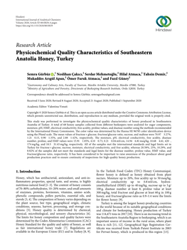 Physicochemical Quality Characteristics of Southeastern Anatolia Honey, Turkey