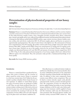 Determination of Physicochemical Properties of Raw Honey Samples