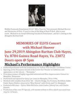 MEMORIES of ELVIS Concert with Michael Hoover June 29,2019 Abingdon Ruritan Club Hayes, Va