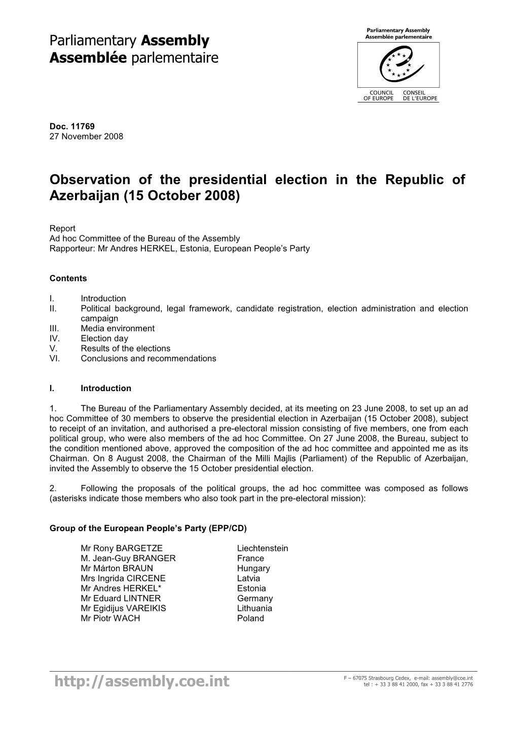 Observation of the Presidential Election in the Republic of Azerbaijan (15 October 2008)