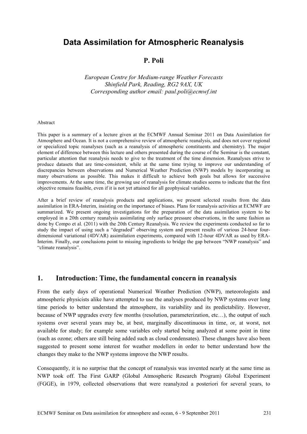 Data Assimilation for Atmospheric Reanalysis