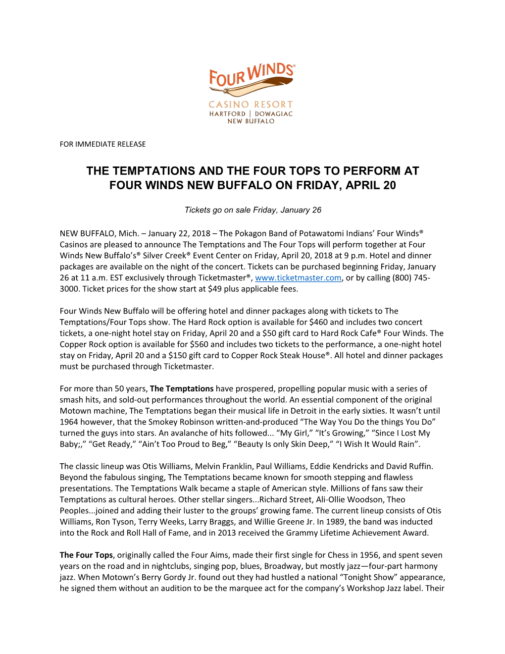 The Temptations and the Four Tops to Perform at Four Winds New Buffalo on Friday, April 20