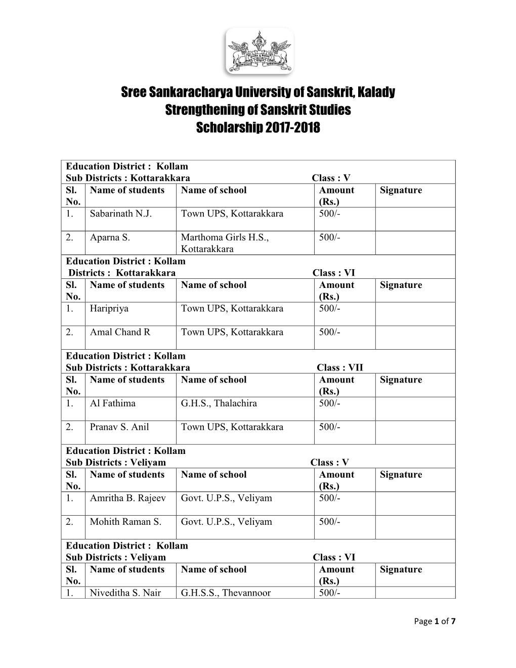 Sree Sankaracharya University of Sanskrit, Kalady Strengthening of Sanskrit Studies Scholarship 2017-2018