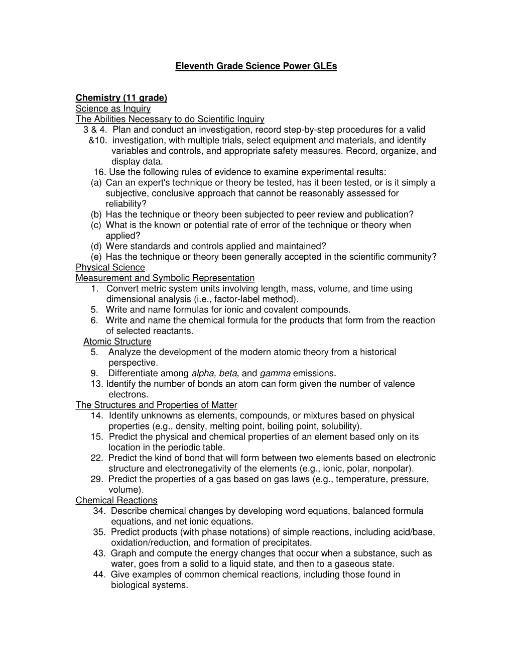 Eleventh Grade Science Power Gles Chemistry (11 Grade) Science As