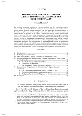 ABOLITIONISTS at HOME and ABROAD: a RIGHT to CONSULAR ASSISTANCE and the DEATH PENALTY Abolitionists at Home and Abroad CONALL MALLORY*