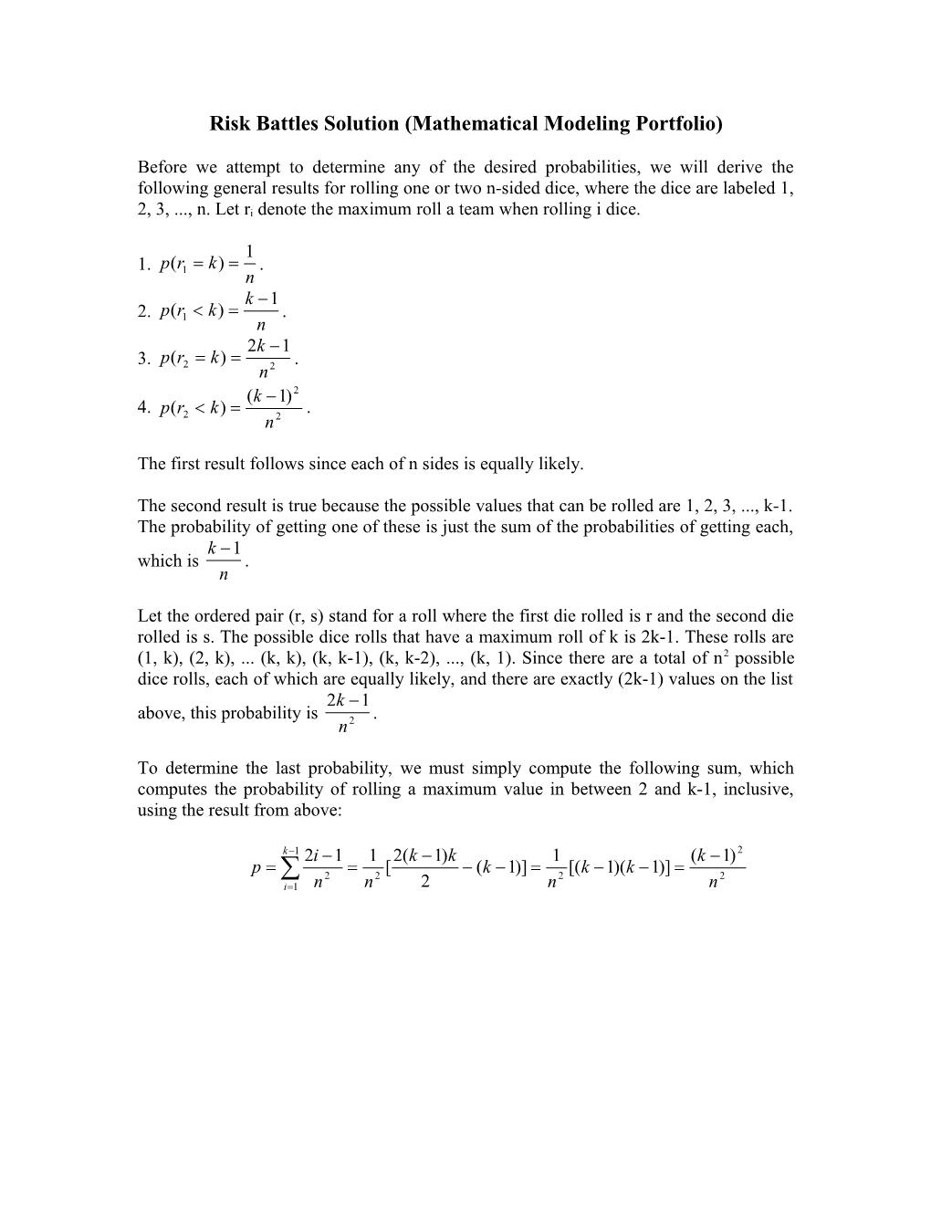 Risk Battles Solution (Mathematical Modeling Portfolio)