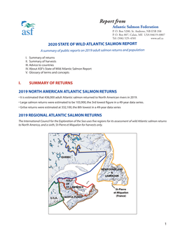 Asf.Ca 2020 STATE of WILD ATLANTIC SALMON REPORT a Summary of Public Reports on 2019 Adult Salmon Returns and Population