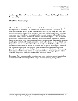 An Ecology of Love: Women Farmers, Sense of Place, the Georgic Ethic, and Ecocentricity
