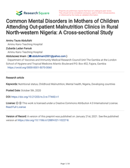 Common Mental Disorders in Mothers of Children Attending Out-Patient Malnutrition Clinics in Rural North-Western Nigeria: a Cross-Sectional Study