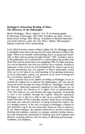 Heidegger's Aristotelian Reading of Plato: the Discovery of the Philosopher Martin Heidegger