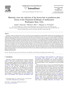 Maternity Roost Site Selection of Big Brown Bats in Ponderosa Pine Forests of the Channeled Scablands of Northeastern Washington State, USA Sandra J