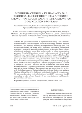 Diphtheria Outbreak in Thailand, 2012; Seroprevalence of Diphtheria Antibodies Among Thai Adults and Its Implications for Immunization Programs