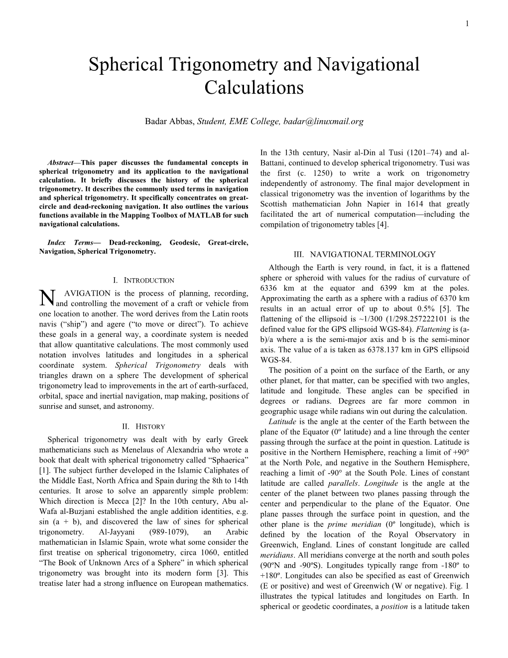 Spherical Trigonometry and Navigational Calculations