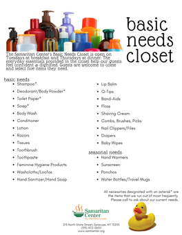Basic Needs Closet Is Open on Tuesdays at Breakfast and Thursdays at Dinner