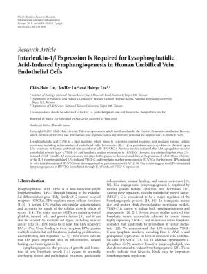 Research Article Interleukin-1Β Expression Is Required for Lysophosphatidic Acid-Induced Lymphangiogenesis in Human Umbilical Vein Endothelial Cells