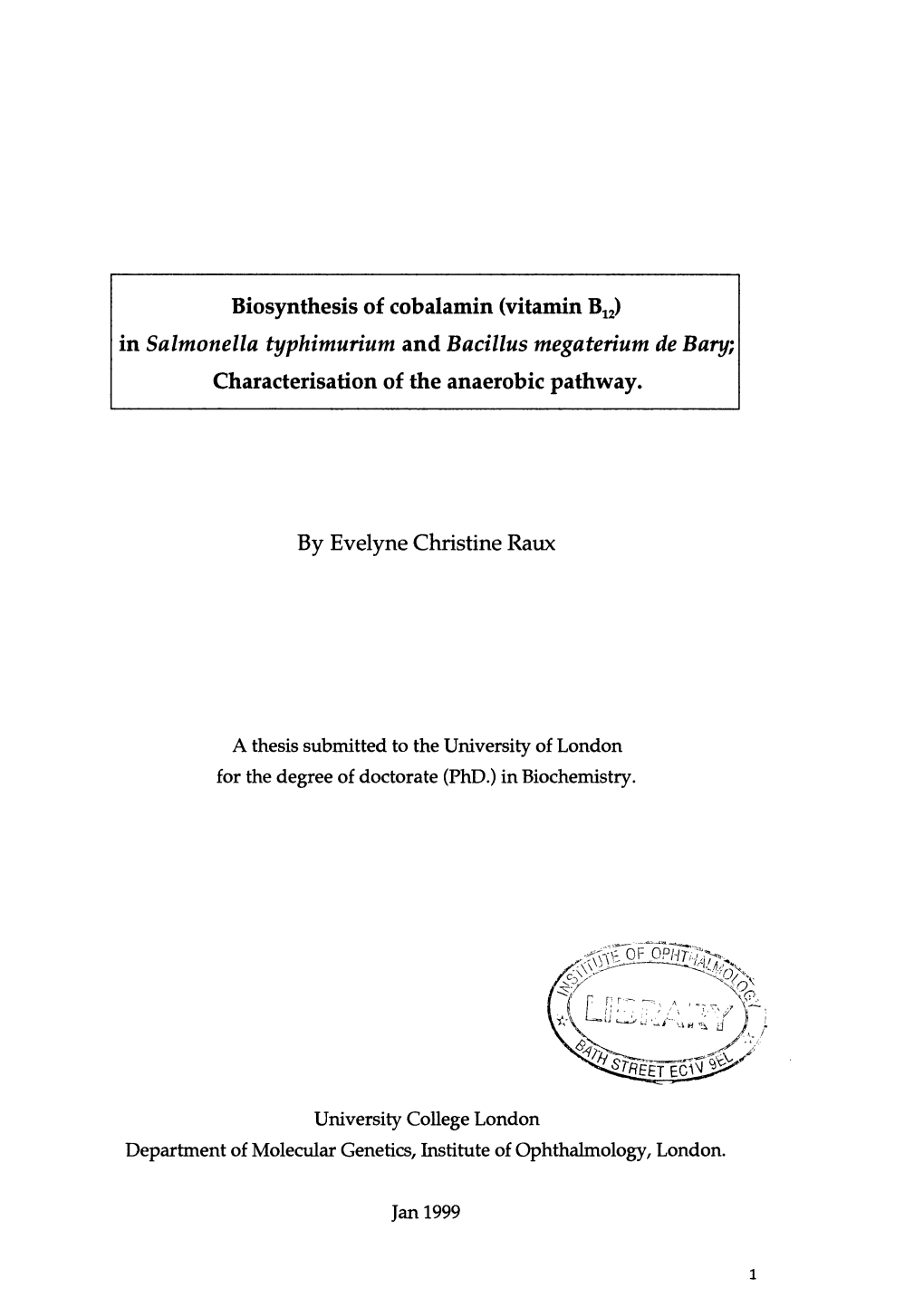 Biosynthesis of Cobalamin (Vitamin B12) in Salmonella Typhimurium