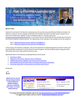 March 3, 2015 Featured in Last Month's the Genomics Landscape