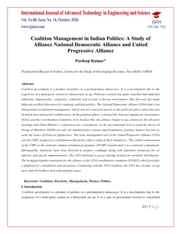 Coalition Management in Indian Politics: a Study of Alliance National Democratic Alliance and United Progressive Alliance