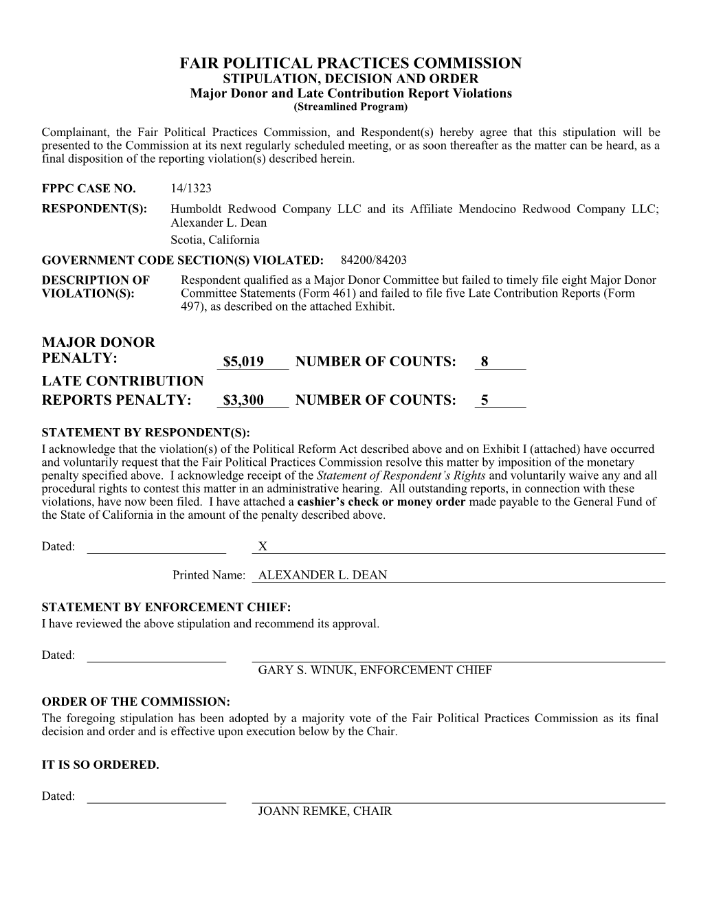 STIPULATION, DECISION and ORDER Major Donor and Late Contribution Report Violations (Streamlined Program)