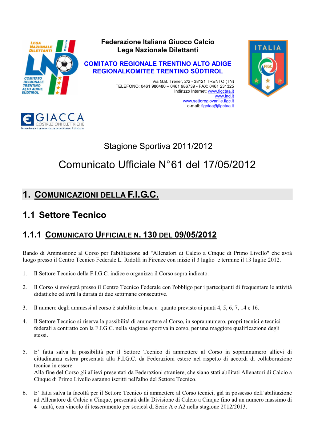 Comunicato Ufficiale N° 61 Del 17/05/2012