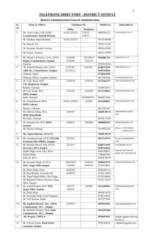 1 TELEPHONE DIRECTORY - DISTRICT SONIPAT District Administration/General Administration Sr