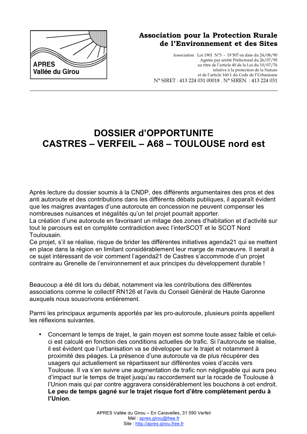 DOSSIER D'opportunite CASTRES – VERFEIL –