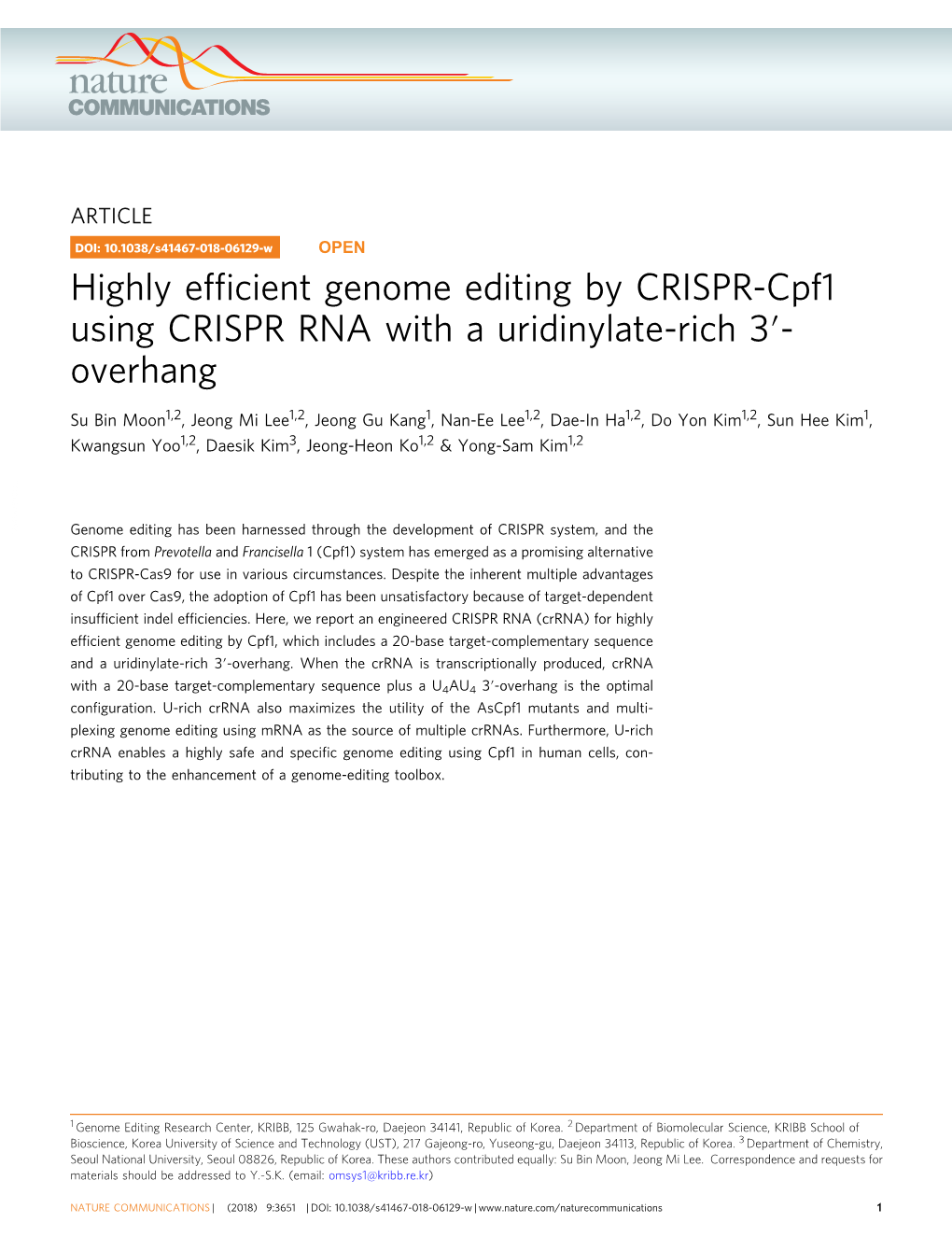 Highly Efficient Genome Editing by CRISPR-Cpf1 Using CRISPR RNA