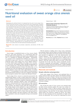 Nutritional Evaluation of Sweet Orange Citrus Sinensis Seed Oil