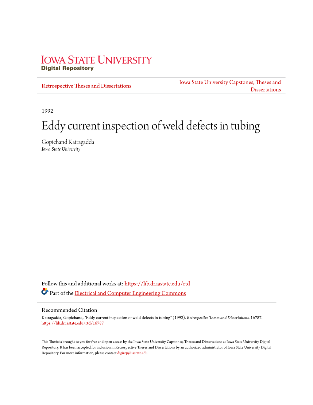 Eddy Current Inspection of Weld Defects in Tubing Gopichand Katragadda Iowa State University