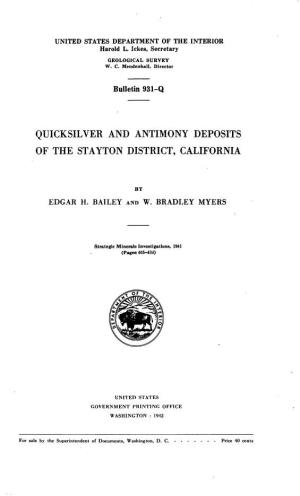Quicksilver and Antimony Deposits of the Stayton District, California
