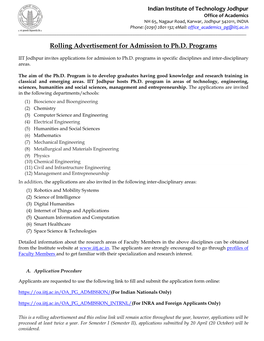 Rolling Advertisement for Admission to Ph.D. Programs