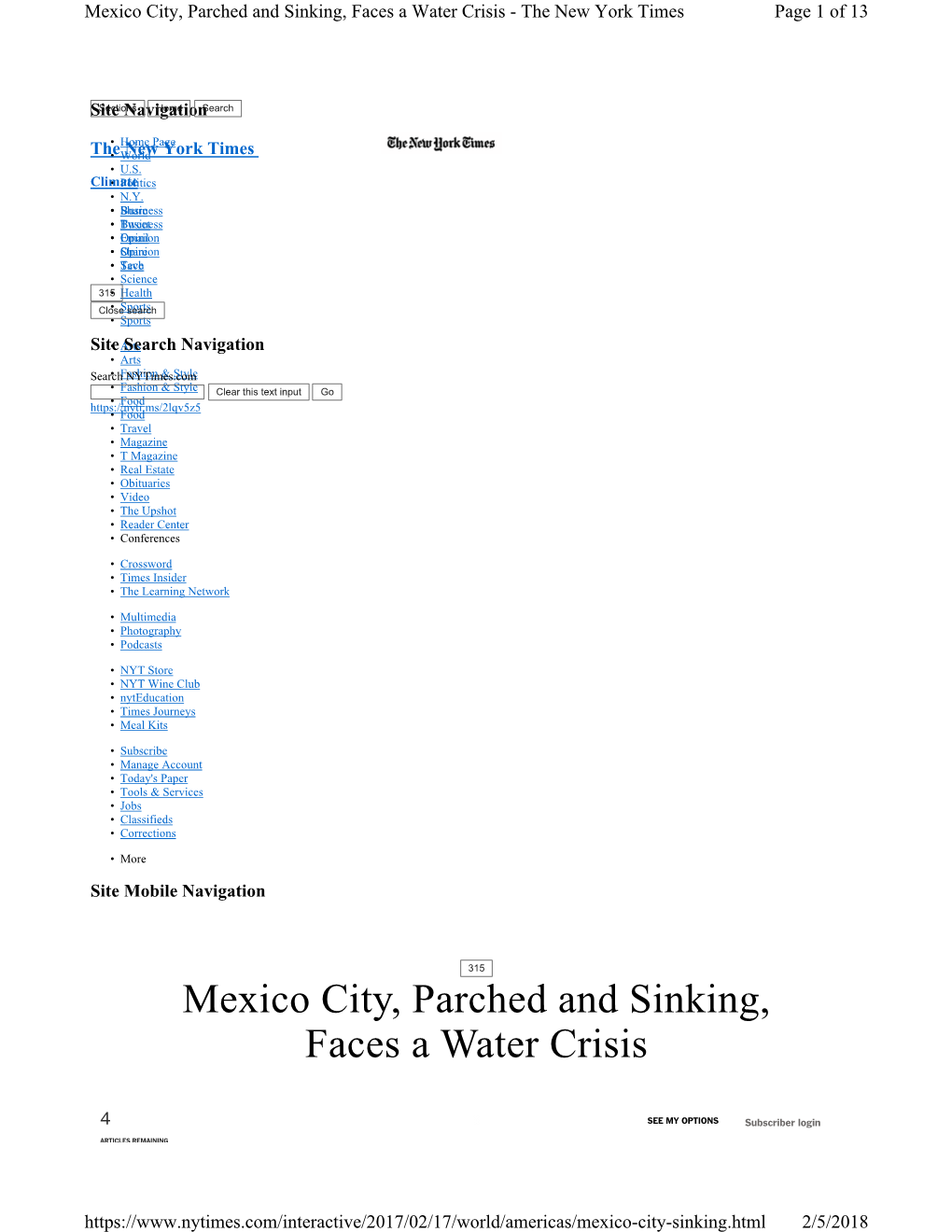 Mexico City, Parched and Sinking, Faces a Water Crisis - the New York Times Page 1 of 13
