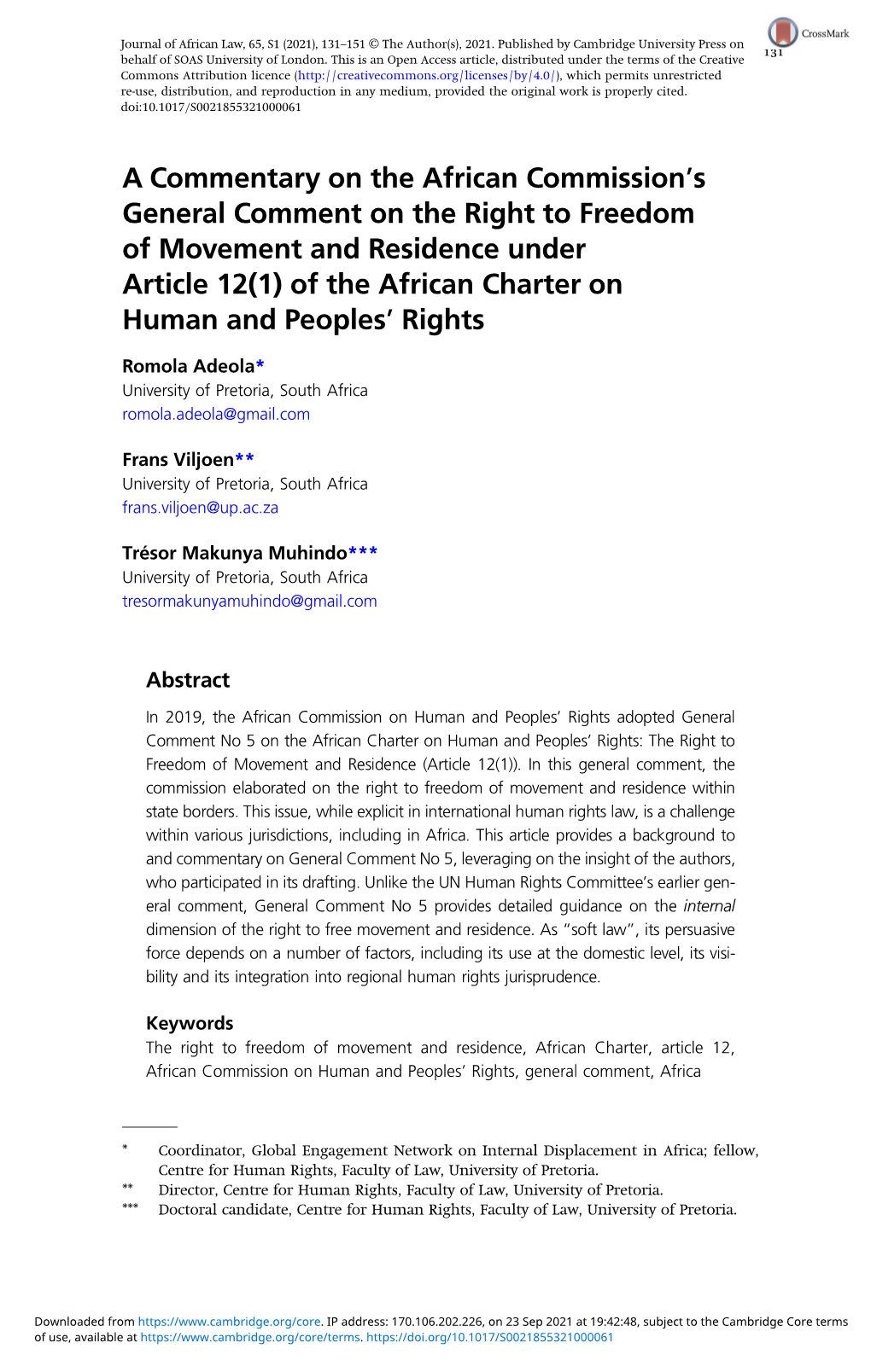 A Commentary on the African Commission's General Comment on the Right to Freedom of Movement and Residence Under Article 12(1)