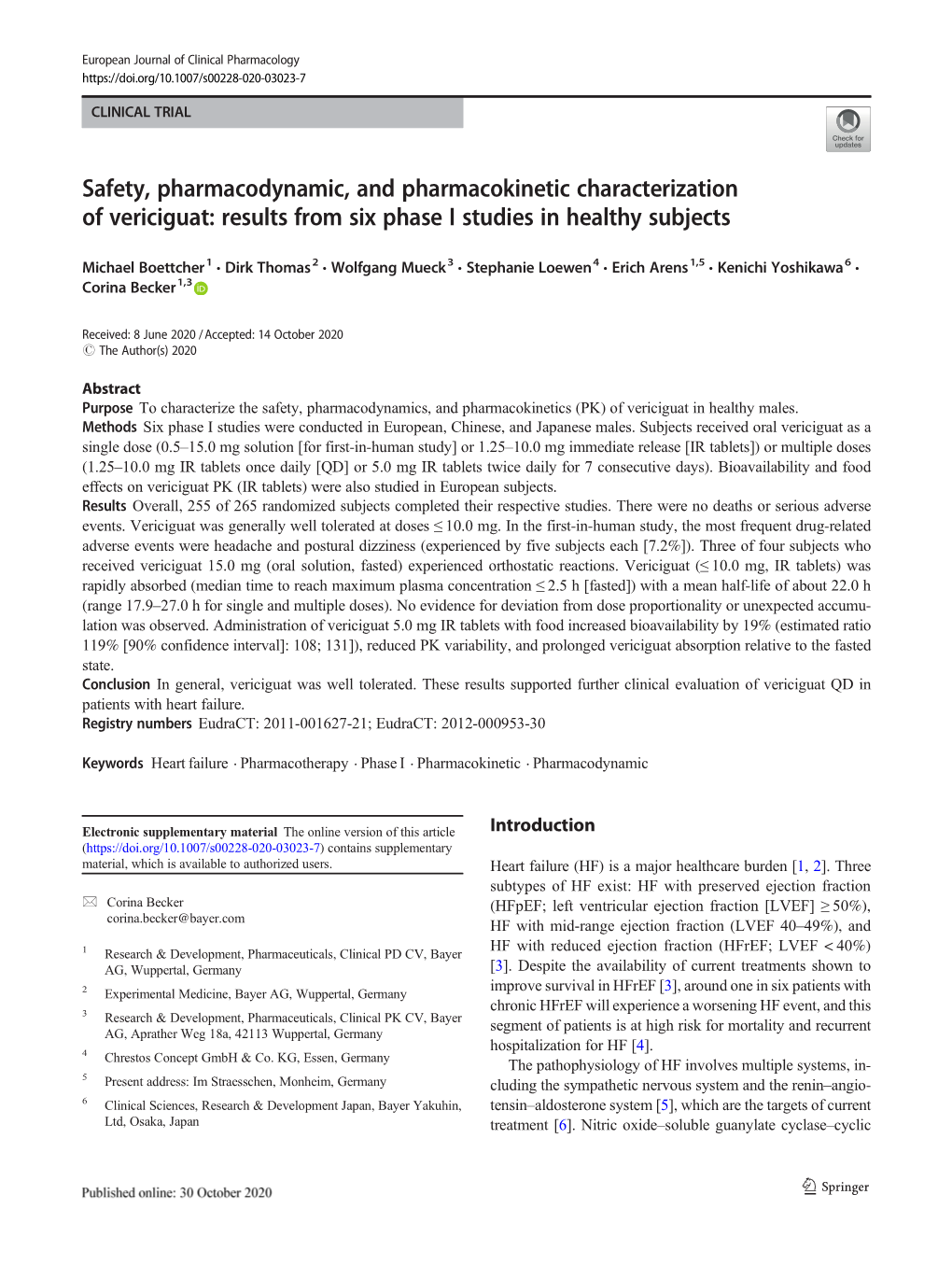 Safety, Pharmacodynamic, and Pharmacokinetic Characterization of Vericiguat: Results from Six Phase I Studies in Healthy Subjects